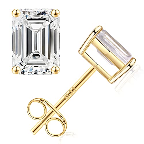 S925 Sterling Silver Stud Earrings Set for Women, Emerald Cut Simulated Diamond Stud Earrings Hypoallergenic CZ Stud Earrings for Women Vermeil White Gold/Gold/Black/Rose Gold 1/3/4 Pairs Earrings Set