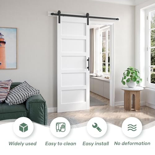 Image of Fredbeck 30inx80in White Barn Door and 5.5FT Sliding Barn Door Hardware Kit Included,Solid,MDF, PVC Surface,DIY Assembly,5-Panel,Fit 27in-28in Opening