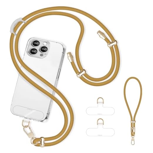 Derraffina Cell Phone Lanyard Adjustable Crossbody Phone Lanyard *1 Phone Wrist Strap *1 with Deluxe Gold Matal Buckle + Clear Tether Tabs *2 for Shopping Travelling Hiking Yellow