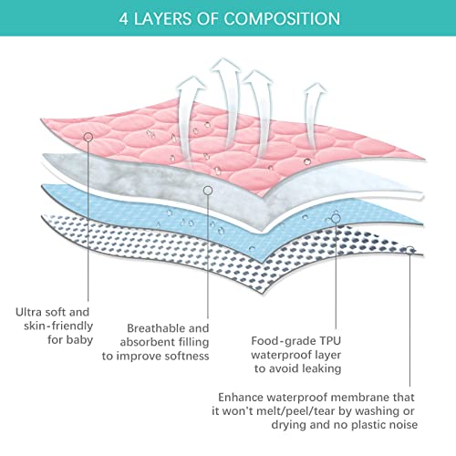 Pack and Play Protector Sheets Waterproof 2 Pack, Quilted Playard Mattress Pad Cover Fitted Fits for Graco Pack n Play Playard Mattress/Playpen Mattress, Gray & Pink, 39" x 27"