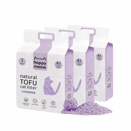 HAPPY MEOW Arena de Tofu para Gatos (18L/7,5Kg)   Natural y Biodegradable   Aglomerante Instantáneo, Bajo en Polvo, Control de Olores Duradero, Ultra Absorbente, Desechable en el Inodoro (Lavanda)