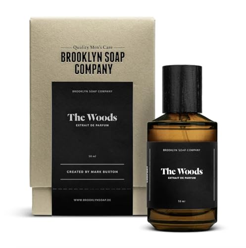 The Woods Extrait de Parfum (50ml) · Brooklyn Soap Company · Intensiv-holziger Herrenduft · Mit Kaschmirholz, Bergamotte, Pfeffer & Muskat · Für ein luxuriöses Dufterlebnis bis zu 12 Stunden