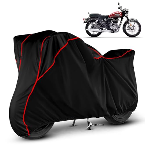 Image of Heavy Duty Waterproof Bike Cover for Royal Enfield Bullet 350 | All Weather Protection from Rain, Dust, Sun & Scratches | Universal Fit For All Bike & Scooty | Black Red Piping | Bullet 350 Bike Cover