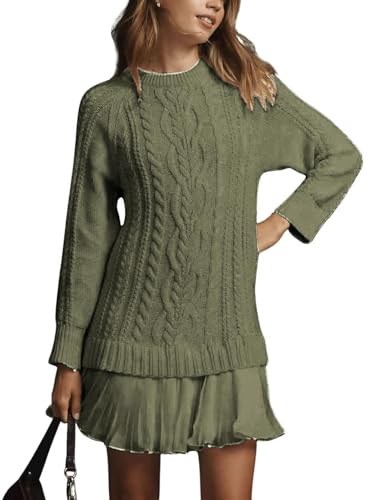 WINKEEY Vestidos Mujer Suéter de Punto Cuello Redondo Vestido Manga Larga Mujer Cómodas Elegantes Vestidos de Invierno Otoño,Verde L