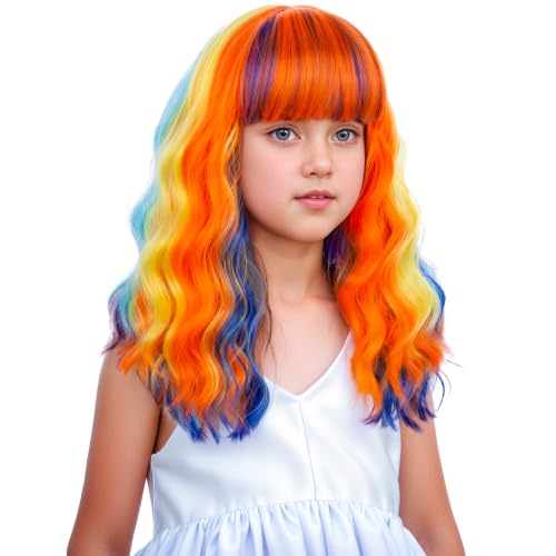 Image of Colorful Wig Child Short Rainbow Wavy Curly Wigs Colorful Wig with Air Bangs Synthetic Cosplay Hair Wigs