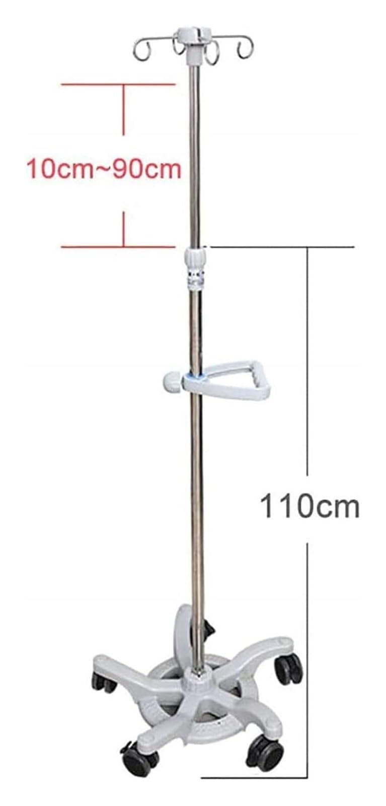 Carrello Porta Flebo con 5 Ruote Bloccabili e Maniglione Sicurezza - Regola Altezza 110-200cm in Acciaio Inox per Anziani e Assistenza Domiciliare - Supporto 4 Ganci per Sacche Fleboclisi