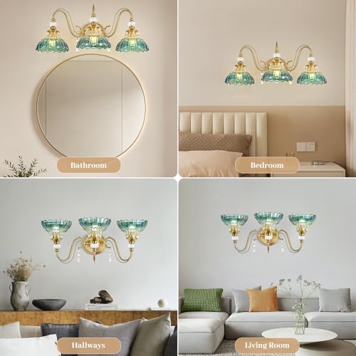 Image of Vintage Bathroom Vanity Light, 3-Light Brushed Gold Finish Wall Sconce with Hanging Crystal Accents and Flower-Shaped Teal Glass Shades, Retro Wall Mount Vanity Light Over Mirror for Bathroom