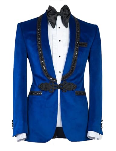 Vintage Velvet Tuxedo Sequined Slim Fit Suit Jacket for Men Shawl Lapel Blazer Wedding Prom Dinner