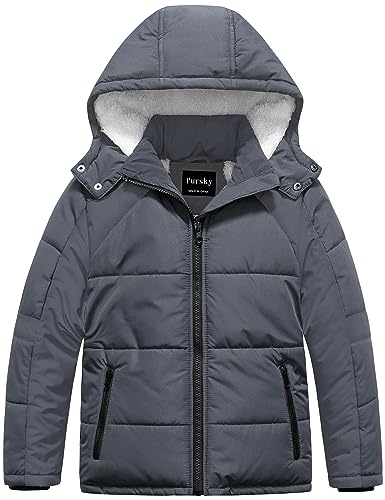 Image of Pursky Kids Parka Thicken Padded Boys Ski Jacket Water Resistant Hooded Down Coat Insulated Winter Puffer Jacket Grey 10-12