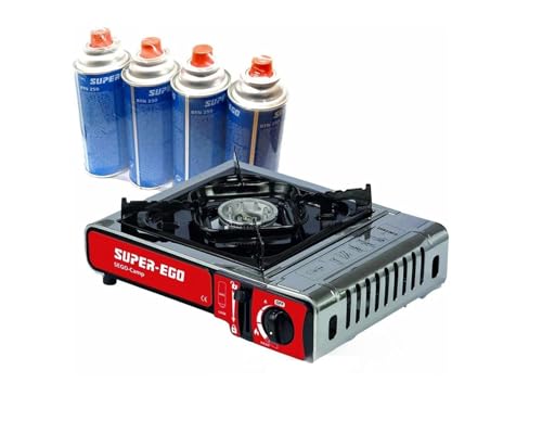 Alqbaio Cocina Portátil de Gas Butano y 4 Cartuchos de Gas | Cocina para Camping y Caravanas | Apta para Uso en Interior y Exterior | Incluye Maletín de Transporte