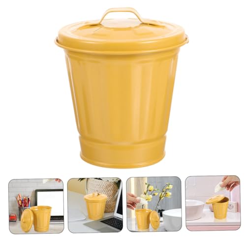 Basurero pequeño metálico con tapa diseño vintage amarillo miniatura 4