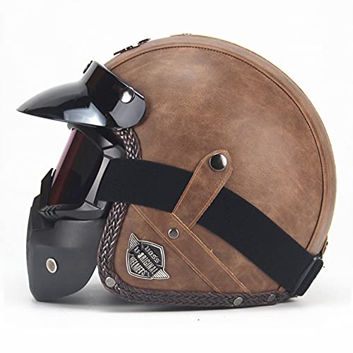 BCCDP Cuir Casque Moto Jet Vintage Retro avec Lunettes et Masque, Unisexe 3/4 Moto Chopper Scooter Modulable Casque De Vélo, ECE Homologué en pour Casque De...