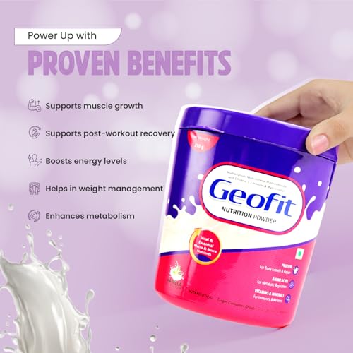 Image of Geofit Vanilla Nutrition Powder - 250g | Power-Packed with Organic Ingredients | Builds Muscle, Boosts Energy | Helps in Weight Management | Made with Milk Powder, Sucrose & Maltodextrin