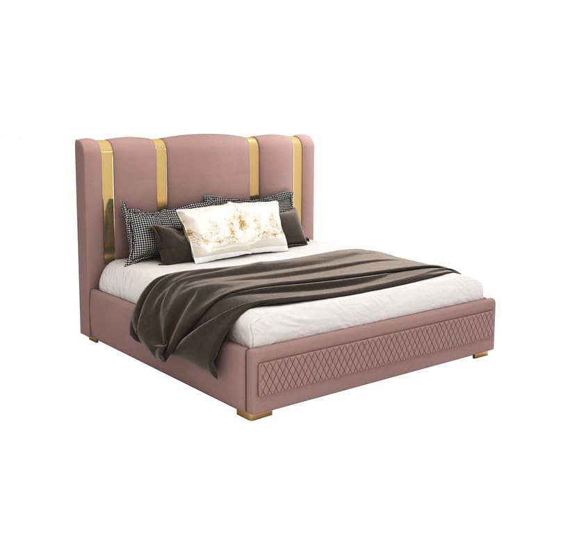 Image of STRATA FURNITURE Solid Wood Queen Size Bed with Box Storage and Upholstered Headboard | Modern Wooden Double Bed Cot Palang Furniture for Bedroom, Hotel, Living Room, and Home (Onion Pink)