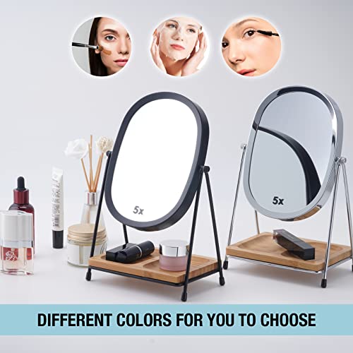 Joyoeikon Classic Dual Sided 5X And 1X Magnifying Makeup Mirror And Tabletop Standing 360° Rotation Vanity Mirror,Desktop Cosmetic Mirror (Chrome With Bamboo Tray) #TOP5