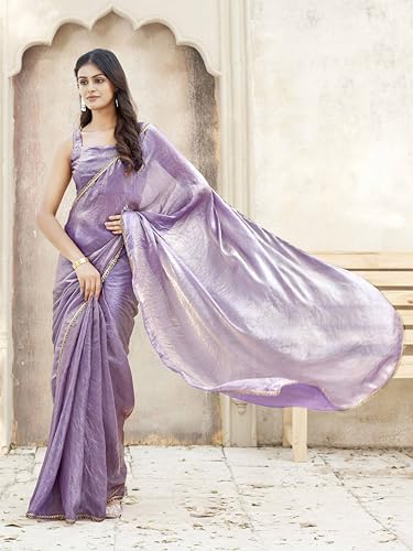 Womanista Women's Ready To Wear Two Tone Purple And Gold Colored Jimmy Choo Saree With Embellished Border(Ti6935_Purple_Onesize)