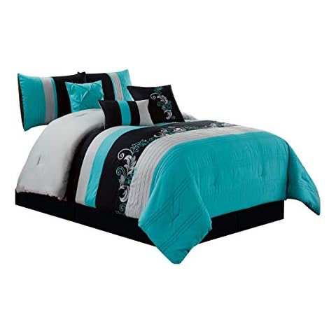 Chezmoi Collection Napa 7-Piece Luxury Leaves Scroll Embroidery Bedding Comforter Set (Queen, Teal Blue/Gray/Black) Cover