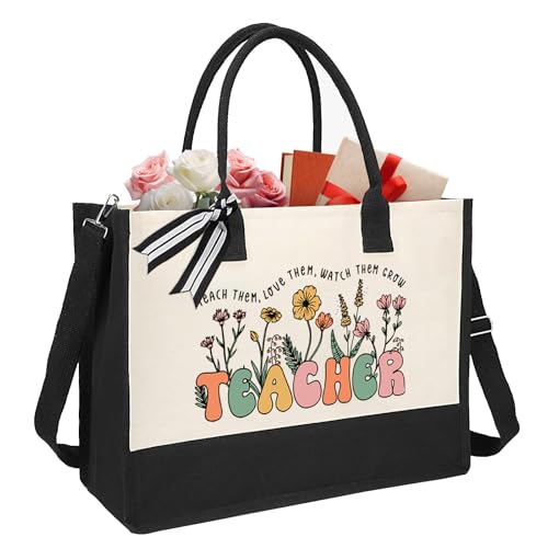 Image of XIKAINUO Teacher Appreciation Gifts for Women, Best Teacher Canvas Tote Bags With Zipper for Women Birthday Graduation Valentines Day Christmas Gift, Unique Gifts Ideas from Students