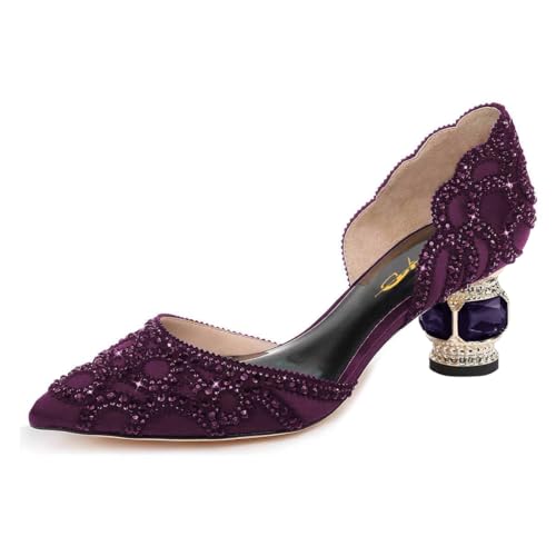 XYD Women's Pumps, Elegant Pointed Toe, D'Orsay Crystal Chunky Low Heels 2 Inches, Rhinestone Studs, Slip-On Satin Shoes for Wedding