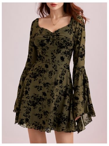 Image of WDIRARA Women's Floral Jacquard Mesh Gothic Dress Bell Long Sleeve A Line Vintage Dresses | Mesh fabric, A-line, vintage