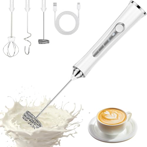 NEUTYPECHIC Espumador de Leche Electrico, USB Recargable Espumadera de Leche Espumador con 3 Batidores de Acero Inoxidable, 3 Velocidades Milk Frother para Capuchino, Café, Matcha (Blanco)