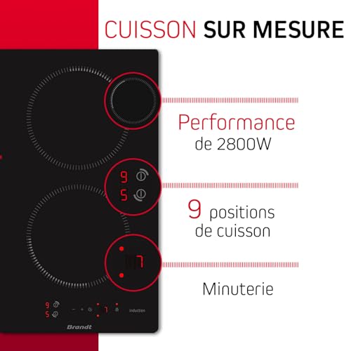Brandt - BPI6210B - Plaque Induction - Table de Cuisson Encastrable - Noir - 2 Foyers - 3600W - Dimensions Encastrement : 27x49cm - Minuterie Automatique - Fabriqué en France
