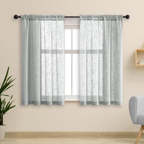 Grey Curtains 48 Inch Length for Bathroom Window 2 Panels,Semi Sheer Rod Pocket Faux Linen Small Curtains for Bedroom Kitchen,36x48 Inches Long,Light Gray
