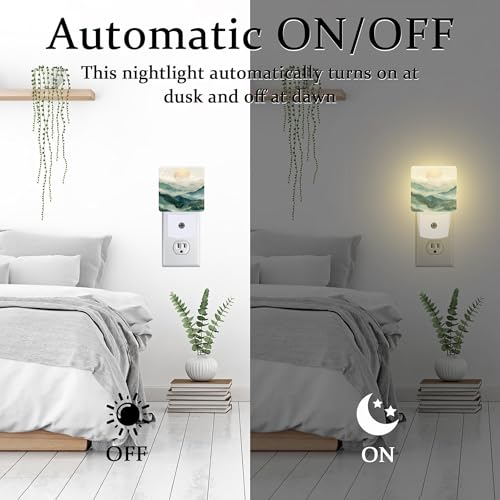 Image of Golden Mountains with Sun Night Light for Kids,Watercolor Sunrise Mountain Night Light Plug in with Dusk to Dawn Sensor,0.5w Energy Saving Nightlight for Hallway Stairway Kitchen Bedroom