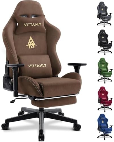 Vittanly Luxuriöser Wildlederimitat Gaming Stuhl, Bürostuhl, Braun | 3D Armlehnen, 90-155° Rückenlehne, Fußstütze, Kopfstütze und Lendenkissen, Ergonomischer Schreibtischstuhl, Gam