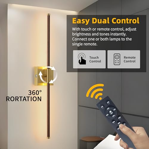 Image of 15800 mAh Battery Operated Wall Sconces with Remote Control Dimmable Battery Powered Cordless Rechargeable Wall Sconces Set of Two 3000K LED Walnut Wood and Brass Gold Wireless Wall Light for Bedroom