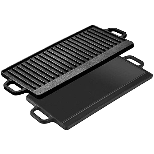 Velaze Cast Iron Pan with Handles, BBQ Grill Pan Double Sided Pre-Seasoned, Hot Pan for Gas Grill and Electric Grill, Grill Pan for BBQ, Camping, Garden - 50 x 23.2 cm