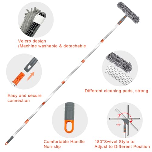 Image of BITOPE Window Cleaner Tool Squeegee for Window Cleaning with 86 inch Extendable Pole Microfiber & Chenille Pad Squeegy for Exterior High Window Shower Door Glass Car RVs