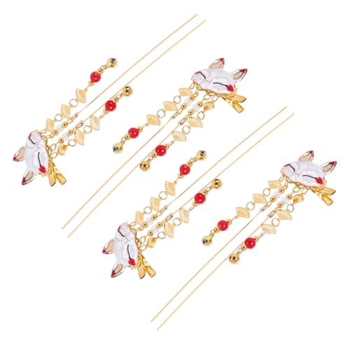 Pinces à Cheveux Chinoises Anciennes - Lot de 4 Épingles Style Renard et Pompon