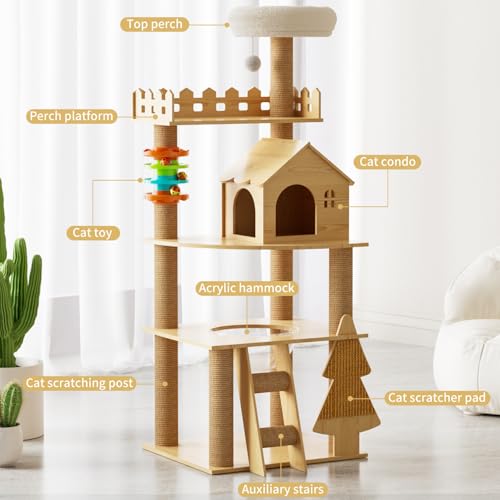 Árbol para gatos de madera moderno 60.7 pulg con rascador miniatura 2