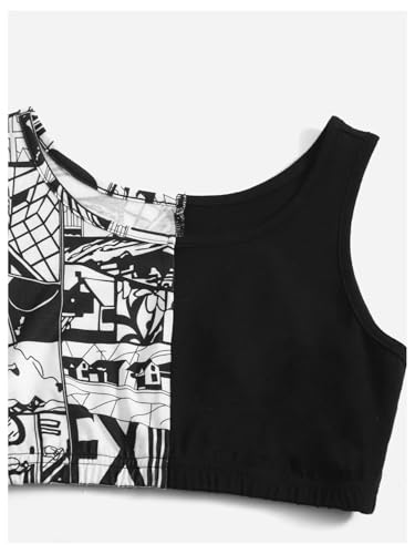 Image of OYOANGLE Girl's 2 Piece Outfits Graphic Crew Neck Crop Tank Top and Shorts Set Tracksuit Black and White 9Y