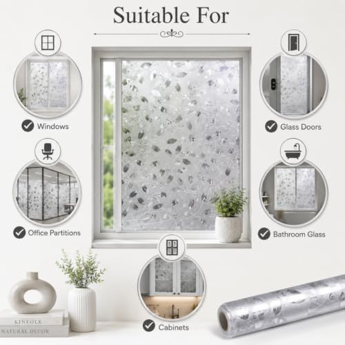 Image of Self Adhesive Window Privacy Film for Glass Windows & Doors | UV Blocking, Heat & Glare Reduction | Decorative Frosted Glass Film Easy to Apply (Frosted Silver Leaf Design, 12X26 Inch)