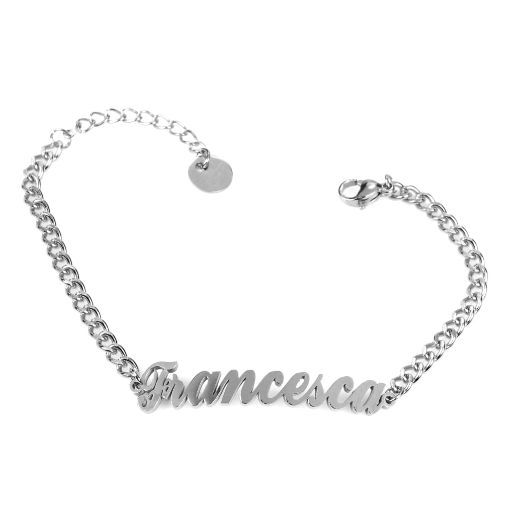 Flowers Bracciale in Acciaio con Nome in Corsivo Disponibile in Due colorazioni Dorato e Argentato