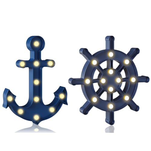 Image of HaakLux 2PCS Blue Anchor and Blue Ship Wheel Night Light for Kids, Battery Powered Beach Coastal Ocean Themed Decorations, Cute Baby Toddler Night Light for Bedroom Decor