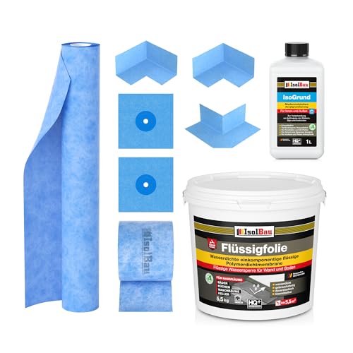 Isolbau Dichtset - Inkl. 1x Flüssigfolie (5 5 kg) 1x IsoGrund (1 L) 1x Dichtband (5 m) 1x Dichtbahn (1 m) 2x Innenecken 1x Außenecken & 2x Manschetten - MPA
