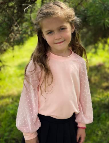 Image of Yekaty Girls Shirts Casual Solid Color Crewneck Blouses Soft Long Sleeve Swiss Dots Chiffon Tops