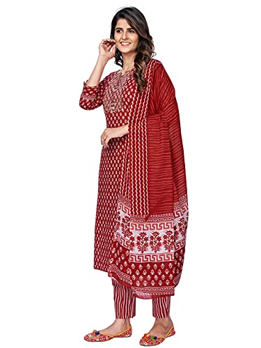 Image of Vbuyz Women's Printed & sequience work A-line Cotton Pink Kurta Pant With Dupatta