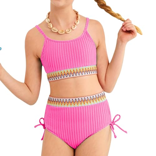 Generisch Traje de baño para niña de dos piezas para adolescentes, conjunto de bikini con cintura alta, diseño de bloque de color para piscina, playa, vacaciones, Rosa intenso., 14 años