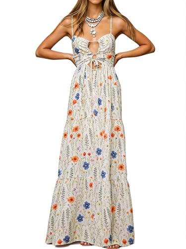 Image of Womens Summer Floral Spaghetti Strap Backless Low Cut Smocked Milkmaid Flowy Beach Sundresses