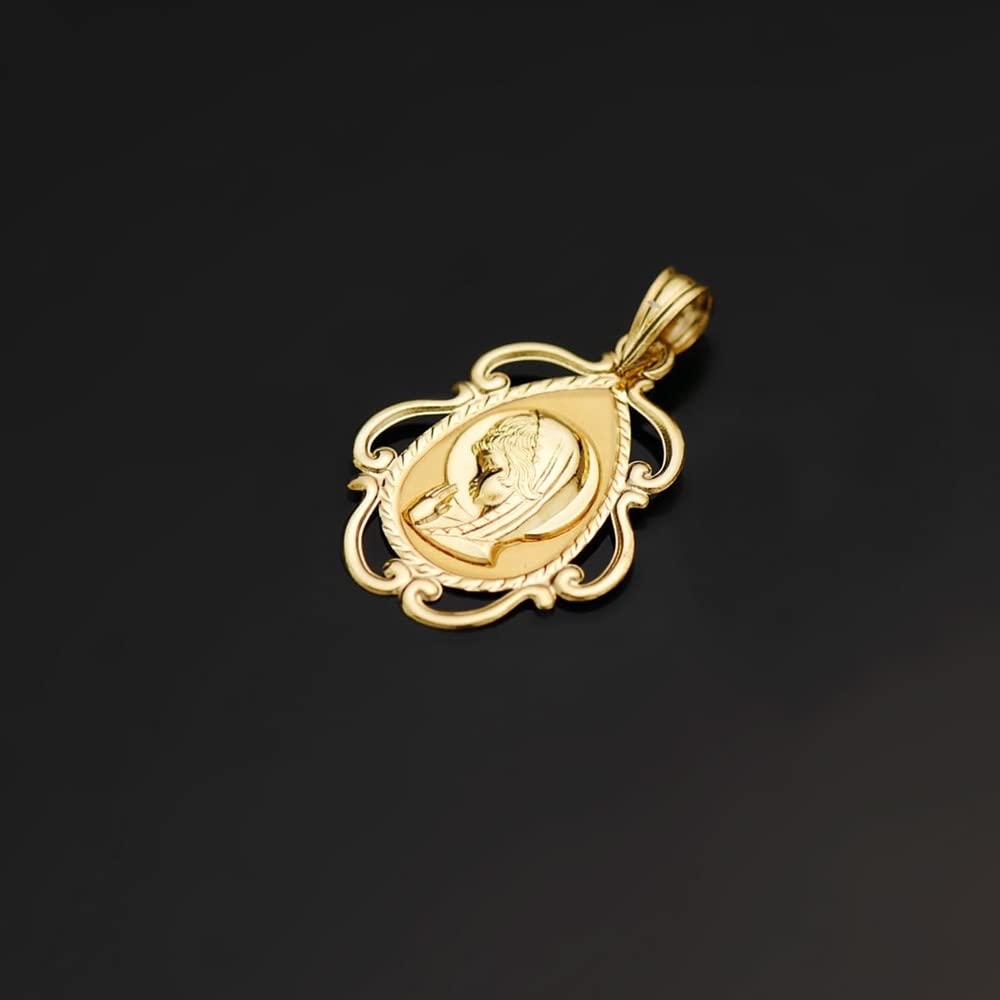 Virgen Niña medalla oro 18k Primera Comunión colgante 22mm. detalle borde formas caladas