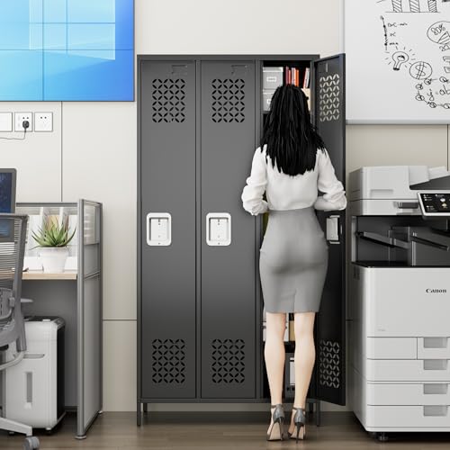 METAN Upgrade Metal Lockers for School Office Gym Bedroom,3 Doors Steel Storage Locker Cabinet for Employees,Industrial Storage Locker with 2 Shelves,Assembly Required,Black