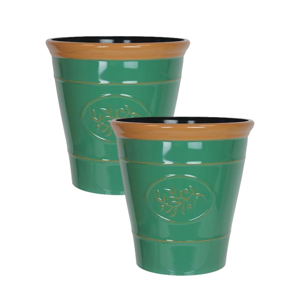 Metallic Effect Olive Plastic Planter for Gardening – Outdoor & Indoor Flowers Pot with Glossy Finish Weatherproof Garden Windowsills Home Plant Pot with Drainage Holes – (Dark Green, 23cm - Pack 2) — image 1