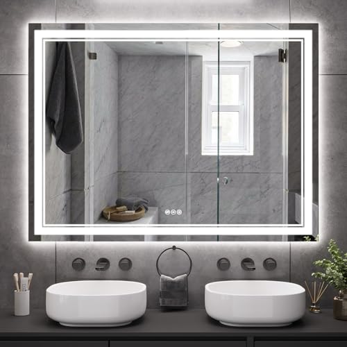 Trsury 48 x 36 Inch Led Bathroom Mirror with Front and Backlight, Wall-Mounted Vanity Mirrors with Dimmable 3 Color Lights, Anti-Fog and Memory (Horizontal/Vertical)