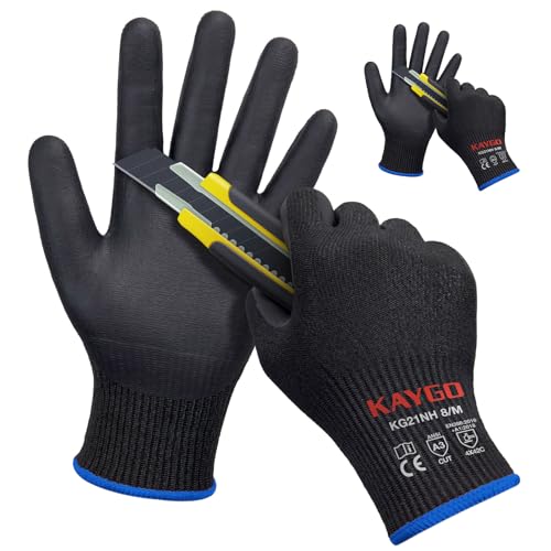 KAYGO 2 Paar Arbeitshandschuhe Schnittfest Level 5, KG21N, Nitril Beschichtet Rutschfester Griff, Maschine Waschbar, EN388 4X42C Schnittschutz Handschuhe für Schneiden, Lager, Bau (Schwarz, M, Gr 8)