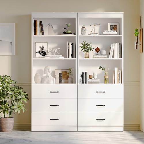 oneinmil 70\" H 6-Tier Bookshelf with 3 Drawers, White Bookcase with 3-Tier Open Shelves, Tall Book Shelf with Storage Space, Wooden Storage Cabinet for Living Room, Bedroom, Office (White, 6-Tier)