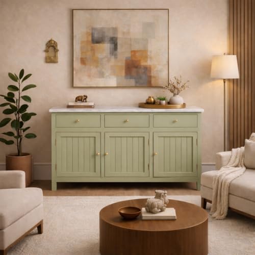 Image of Solid Wood Madrid Sideboard Cabinet with Sintered Stone Top for Living Room | Premium Acrylic Sage Green Finish | 130x40x80 cm